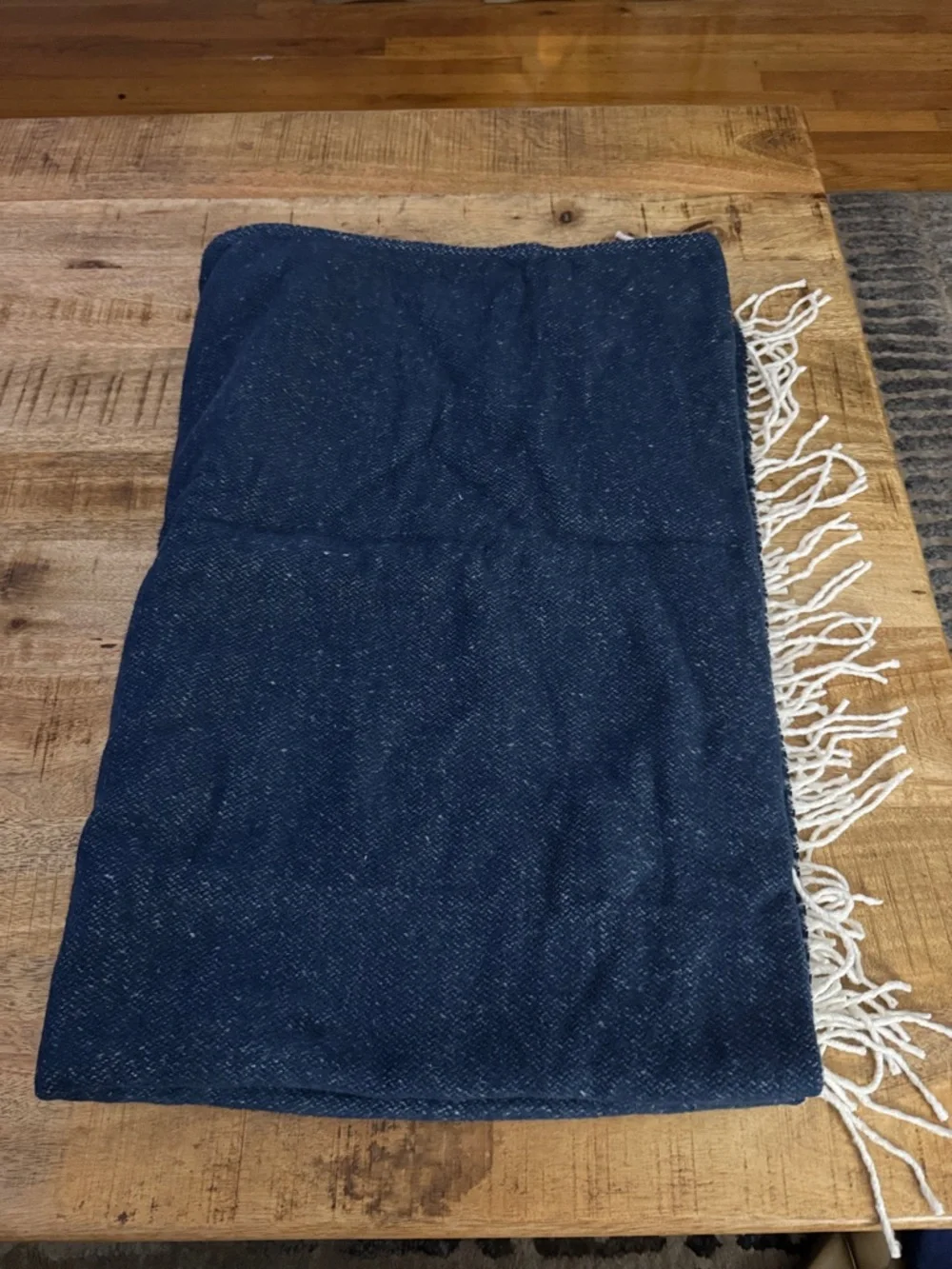 Pom Pom at Home Billie Navy Blue Woven Throw Blanket cover with Cream Fringe